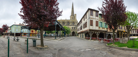 MIREPOIX, FRANCE -  MAY 05, 2015: Old gothic temple at main square of medieval village Mirepoix in southern Franceのeditorial素材