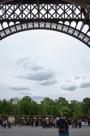 PARIS, FRANCE - MAY 07, 2015: View from bottom at famous Tour Eiffel in Paris, Franceのeditorial素材