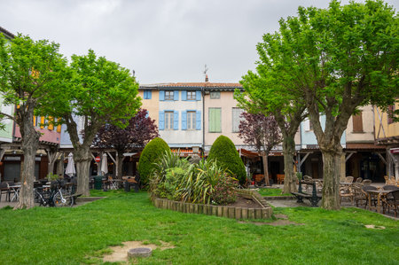 MIREPOIX, FRANCE -  MAY 05, 2015: Old framework houses at main square of medieval village Mirepoix in southern Franceのeditorial素材