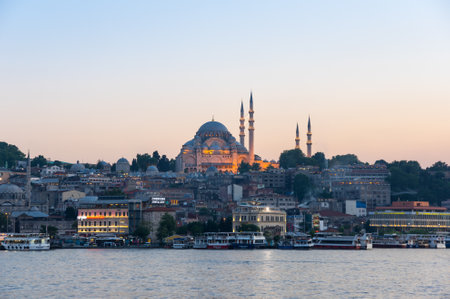 ISTANBUL, TURKEY - JUNE 20, 2015: Night view on the Suleymaniye Mosque and fishing boats in Eminonu, Istanbul, Turkeyのeditorial素材