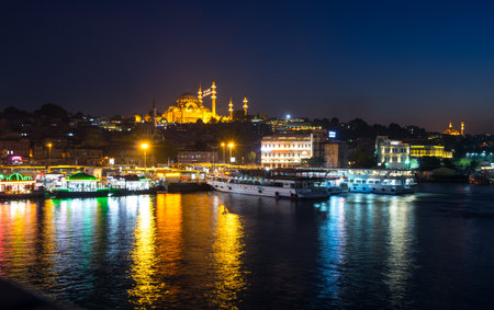 ISTANBUL, TURKEY - JUNE 20, 2015: Night view on the Suleymaniye Mosque and Eminonu district, Istanbul, Turkeyのeditorial素材