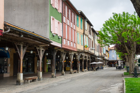 MIREPOIX, FRANCE -  MAY 05, 2015: Old framework houses at main square of medieval village Mirepoix in southern Franceのeditorial素材