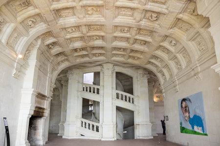 CHAMBORD, FRANCE - MAY 07, 2015: The double helix open staircase of the Chateau de Chambord, Loir-et-Cher, Franceのeditorial素材