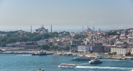 ISTANBUL, TURKEY - JUNE 25, 2015: Panoramic view of european part of Istanbul from Galata tower, Turkeyのeditorial素材