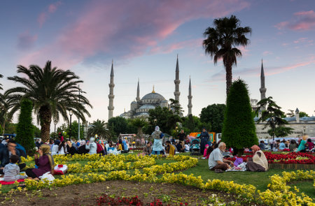 ISTANBUL, TURKEY - JUNE 25, 2015: People selebrating the end of Ramadan in the historical centre of Istanbul, Turkeyのeditorial素材