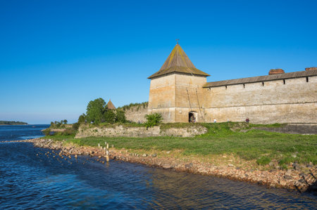 Oreshek fortress is situated on the small Orekhovy Island in the River Neva's outflow from Lake Ladoga, Leningrad region, Russiaのeditorial素材