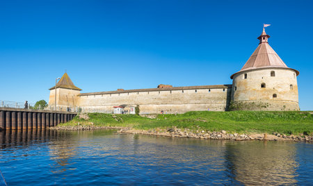 Oreshek fortress is situated on the small Orekhovy Island in the River Neva's outflow from Lake Ladoga, Leningrad region, Russiaのeditorial素材