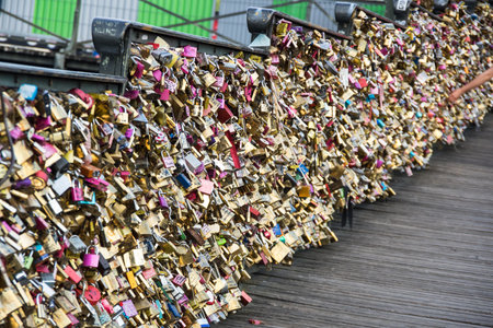 Photo of locks on a bridge for people in loveのeditorial素材