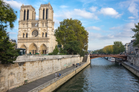 Notre-Dame de Paris (French for "Our Lady of Paris") is a medieval Catholic cathedral on the Cite Island in Paris, Franceのeditorial素材
