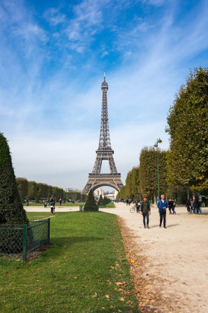 PARIS, FRANCE - OCTOBER 12, 2015: The Eiffel Tower is a wrought iron lattice tower on the Champ de Mars in Paris, Franceのeditorial素材