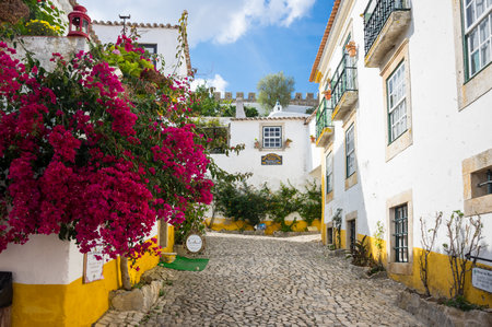 OBIDOS, PORTUGAL - OCTOBER 15, 2015: The street of Obidos in Portugal, popular tourist destination because of its a well-preserved medieval architectureのeditorial素材