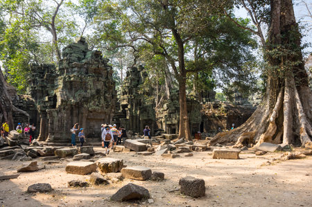 ANGKOR WAT, CAMBODIA - JANUARY 29, 2015: Unidentified tourists at Ta Prohm temple in Angkor Wat. Angkor Wat is the largest Hindu temple complex and religious monument in the worldのeditorial素材