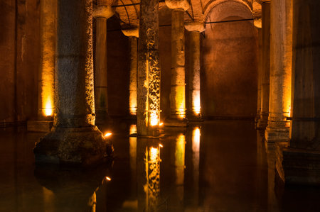 The Basilica Cistern is the largest of several hundred ancient cisterns that still lie beneath the city of Istanbul, former Constantinople, Turkeyのeditorial素材
