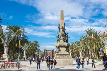 BARCELONA, SPAIN - OCTOBER 22, 2015: Tourists walking on Passeig de Lluis Companys, promenade in Barcelona, the capital city of the autonomous community of Catalonia in the Kingdom of Spainのeditorial素材
