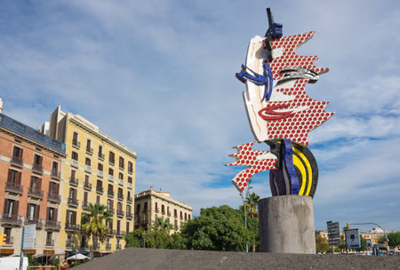 The Face of Barcelona is gigantic Pop Art face, symbolizes the colossal changes that the city underwent preparing for the 1922 Olympics, Barcelona, Spainのeditorial素材