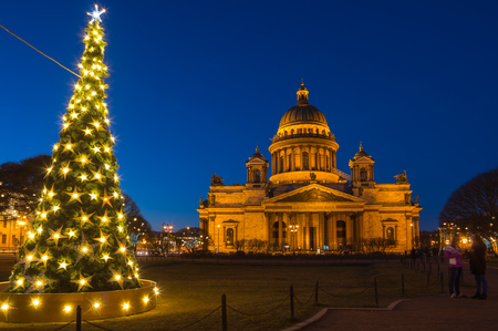 Saint Isaac's Cathedral in the night, Saint Petersburg, Russiaの写真素材