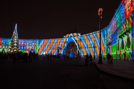 Light show on Palace square in the New Year Eve, Saint Petersburg, Russia