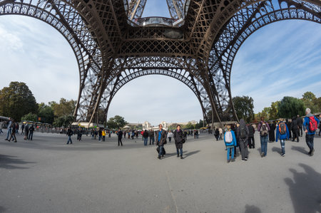 PARIS, FRANCE - OCTOBER 12, 2015: The Eiffel Tower is a wrought iron lattice tower on the Champ de Mars in Paris, Franceのeditorial素材