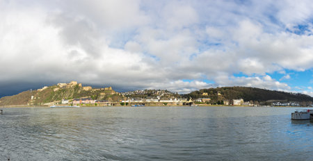 KOBLENZ, GERMANY - FEBRUARY 21, 2016: Fortress Ehrenbreitstein as seen from Koblenz, a city situated on both banks of the Rhine at its confluence with the Moselle, Germanyのeditorial素材