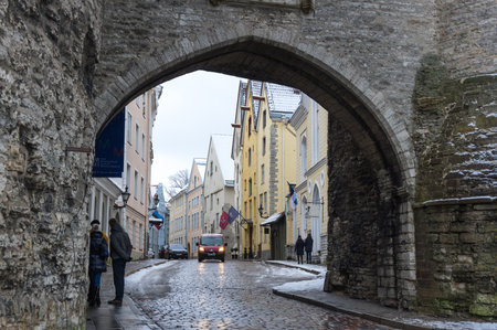 TALLINN, ESTONIA - FEBRUARY 23, 2016: Street of Old Town in Tallinn, Estonia. Old Town is listed in the UNESCO World Heritage Listのeditorial素材