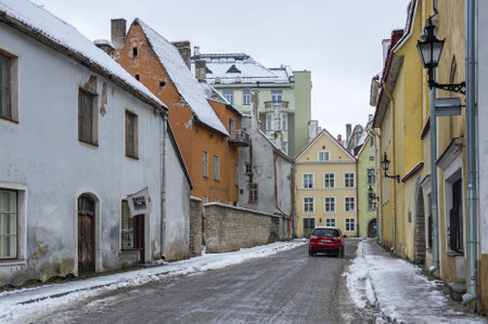 TALLINN, ESTONIA - FEBRUARY 23, 2016: Street of Old Town in Tallinn, Estonia. Old Town is listed in the UNESCO World Heritage Listのeditorial素材