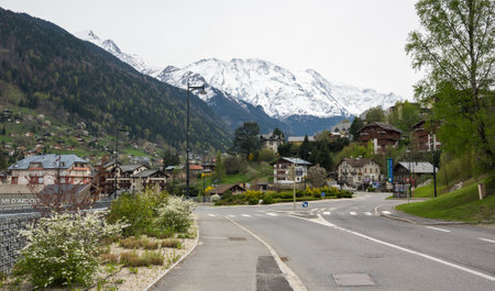 SAINT-GERVAIS-LES-BAINS, FRANCE - APRIL 21, 2016: Panoramic view of Saint-Gervais-les-Bains and Alps, the highest and most extensive mountain range system that lies entirely in Europeのeditorial素材