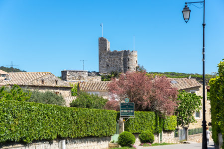 AIGUEZE, FRANCE - APRIL 28, 2016: The fortress of the village of Aigueze, a small village located south of France in the department of Gard of the french region Languedoc-Roussillon.のeditorial素材