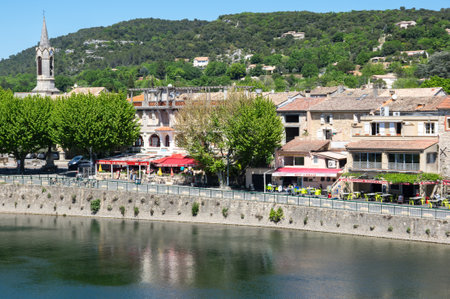 SAINT-MARTIN-D'ARDECHE, FRANCE - APRIL 28, 2016: Panoramic view of Ardeche river and village of Saint-Martin-d'Ardeche, south-central Franceのeditorial素材