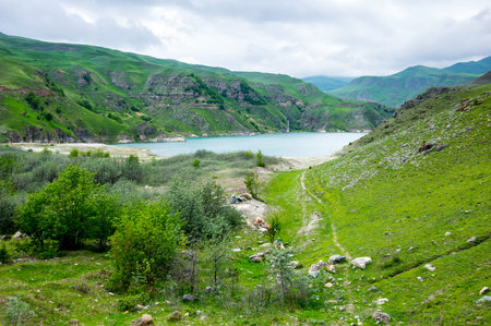 Panoramic view of Bylym lake in the Caucasus mountains in Kabardino-Balkaria, Russia