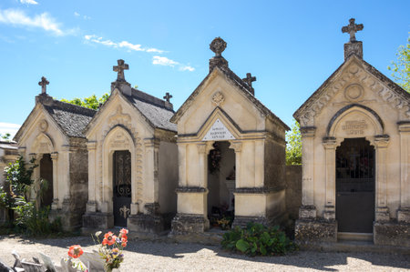 AIGUEZE, FRANCE - APRIL 28, 2016: The cemetery of the village of Aigueze, a small village located south of France in the department of Gard of the french region Languedoc-Roussillon.のeditorial素材