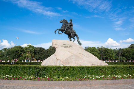 The Bronze Horseman is an equestrian statue of Peter the Great in the Senate Square in Saint Petersburg, Russiaのeditorial素材