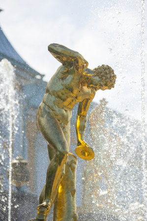 SAINT- PETERSBURG, RUSSIA - JULY 11, 2016: Fountains of the Grand Cascade in Peterhof, Saint-Petersburg, Russia. The park ensemble of Peterhof belongs to the world heritage of UNESCOのeditorial素材
