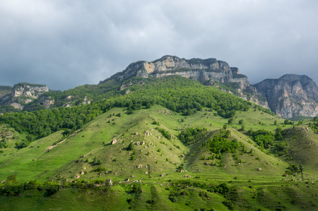 View of Baksan gorge in the Caucasus mountains in Kabardino-Balkaria, Russiaの写真素材