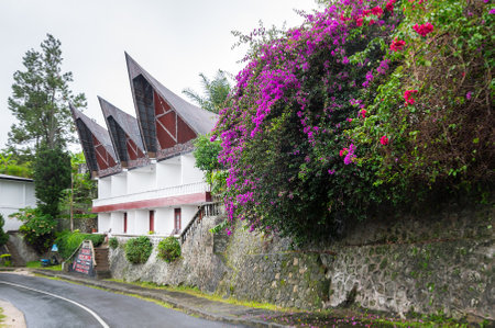 SUMATRA, INDONESIA - JANUARY 23, 2017: View of houses of village Tuktuk on island Samosir, Lake Toba, Sumatra, Indonesiaのeditorial素材