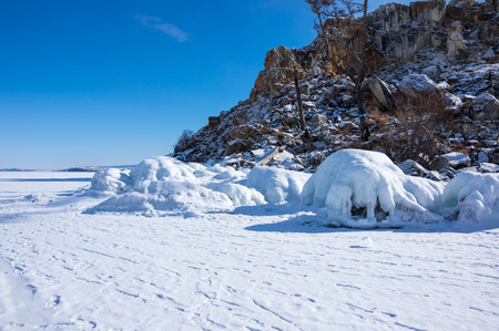 View of Lake Baikal in winter, the deepest and largest freshwater lake by volume in the world, located in southern Siberia, Russiaの写真素材