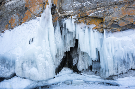 Ice of Lake Baikal, the deepest and largest freshwater lake by volume in the world, located in southern Siberia, Russiaの写真素材