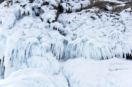View of icicles on Lake Baikal, Olkhon island, Siberia, Russiaの写真素材