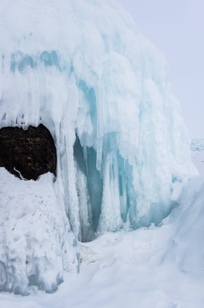 View of Lake Baikal in winter, the deepest and largest freshwater lake by volume in the world,...