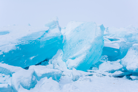 View of ice hummocks on Lake Baikal, Olkhon island, Siberia, Russiaの写真素材