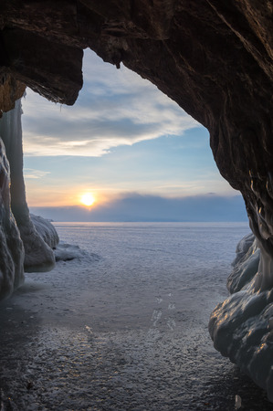 Ice cave on Olkhon Island at Baikal Lake, Siberia, Russiaの写真素材