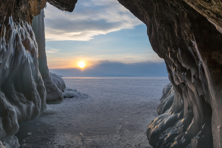 Ice cave on Olkhon Island at Baikal Lake, Siberia, Russiaの写真素材