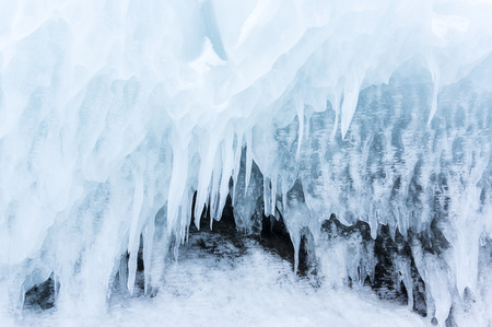 View of icicles on Lake Baikal, Olkhon island, Siberia, Russiaの写真素材