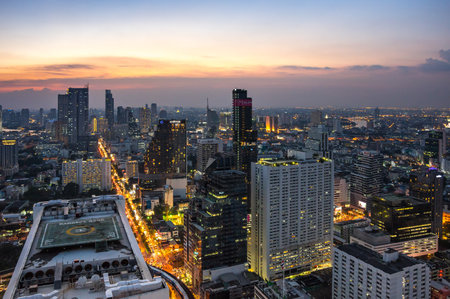 BANGKOK, THAILAND - JANUARY 20, 2017: Top view of skyscrapers in central district of Bangkok on sunset, Bangkok, Thailandのeditorial素材