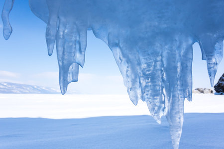 View of icicles on Lake Baikal, Siberia, Russia