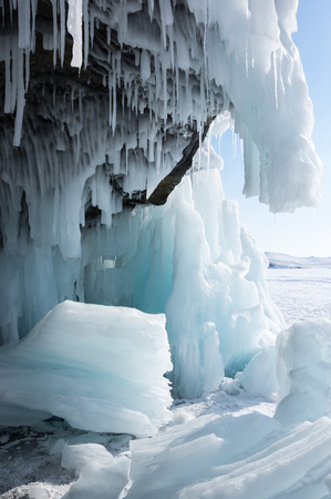 View of icicles on Lake Baikal, Siberia, Russiaの写真素材