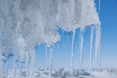View of icicles on Lake Baikal, Siberia, Russia