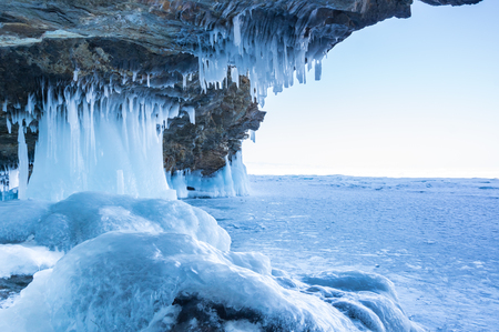 View of icicles on Lake Baikal, Siberia, Russiaの写真素材