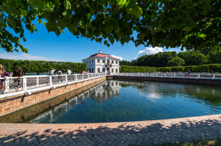 SAINT- PETERSBURG, RUSSIA - JULY 10, 2017: Marly palace and Sectoral ponds in Lower Park of Peterhof, Saint- Petersburg, Russiaのeditorial素材