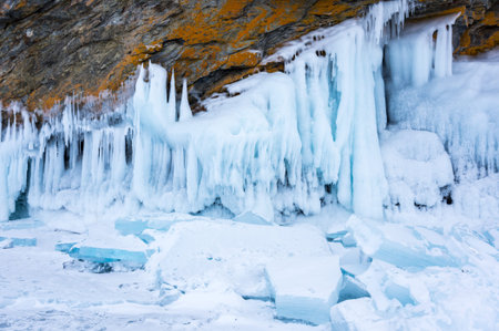 View of Lake Baikal in winter, the deepest and largest freshwater lake by volume in the world,...