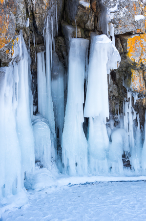 View of icicles on Lake Baikal, Siberia, Russiaの写真素材